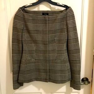 Theory plaid off-the-shoulder fitted blazer jacket